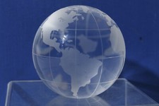 Etched Crystal Clear  Frosted Glass World Globe Paperweight Signed 3"