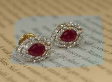 2Ct Pear Cut Lab Created Red Ruby  Diamond Stud Earrings 14K Yellow Gold Plated