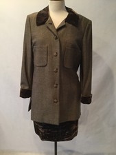 VINTAGE JACQUELINE PERES PARIS 2 PIECE BROWN TWEED VELVET SKIRT SUIT- SIZE 10