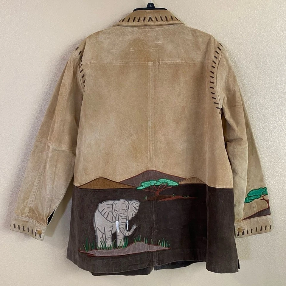 Chaqueta de Cuero Gamuza Tema Safari Vintage Talla 1X Quacker Factory Marrón Tostado Foto 2 de 4