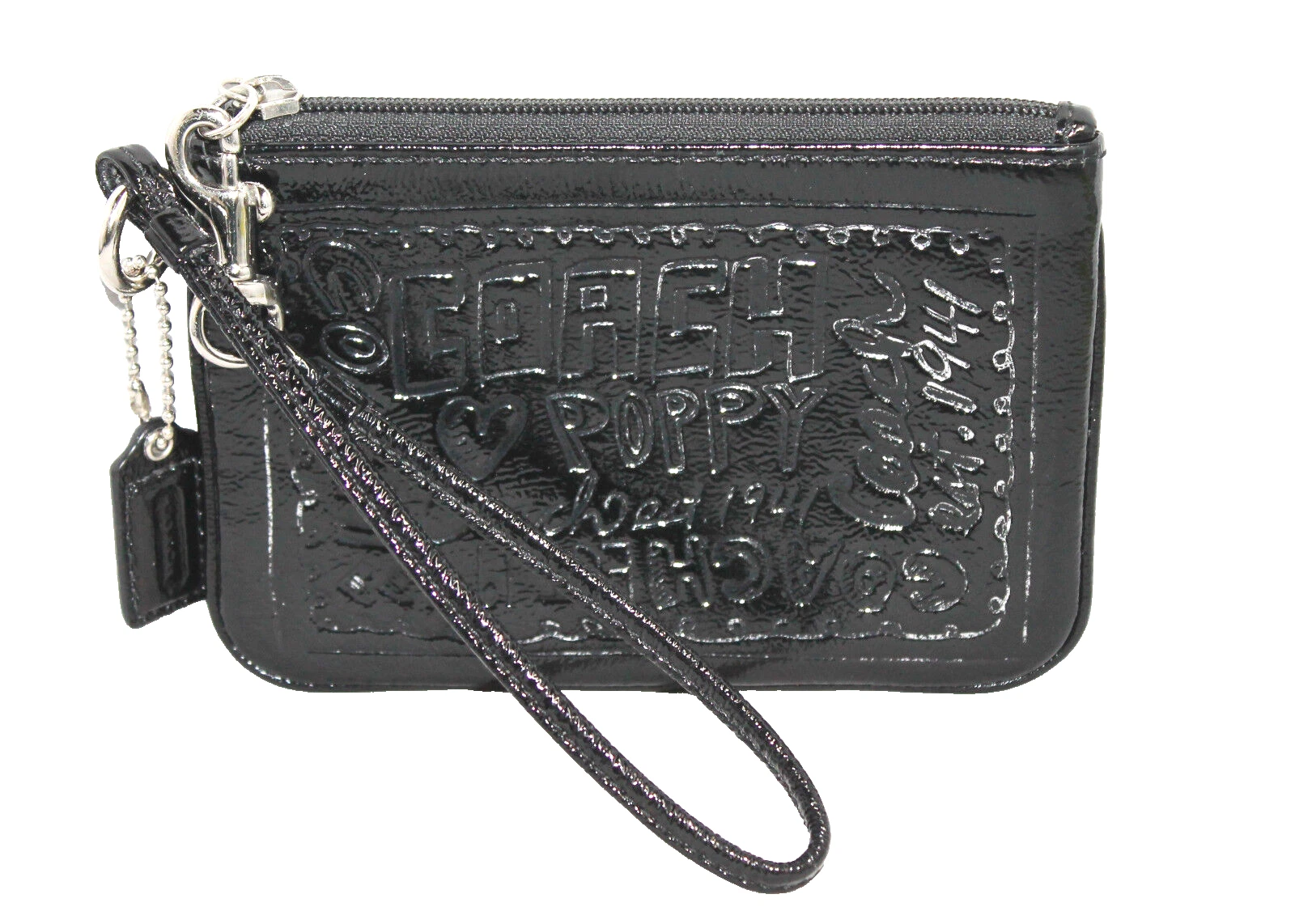 COACH POPPY custodia da polso con zip graffiti in rilievo braccialetto in pelle verniciata nera
