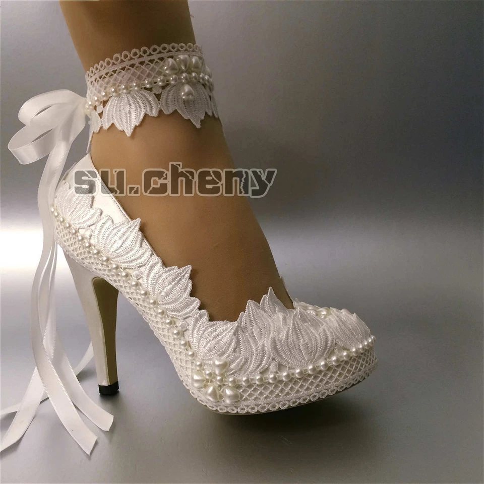 Su,Cheny 3" 4” Tacón Blanco Marfil Satinado Encaje Cinta Punta Redonda Boda Novia Zapatos Foto 3 de 4