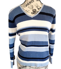 CRAZY HORSE A Liz cliborne CO Petite blue striped cotton sweater- size XL