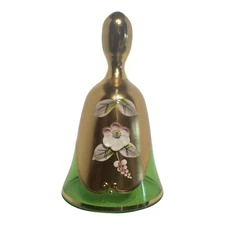 Vtg Moser Bohemian Emerald Green Bell 4.25" Heavy Gold Gilt Floral Handpainted