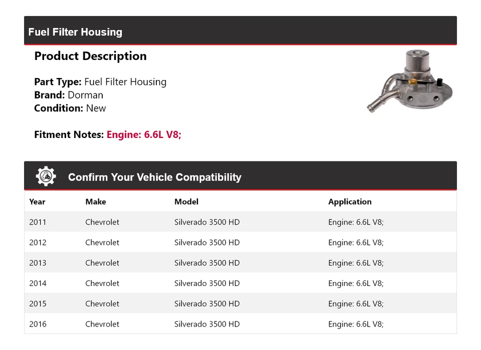 Carcasa de filtro de combustible Dorman V8 6,6 L para Chevrolet Silverado 3500 HD 2011-2016 Foto 2 de 4