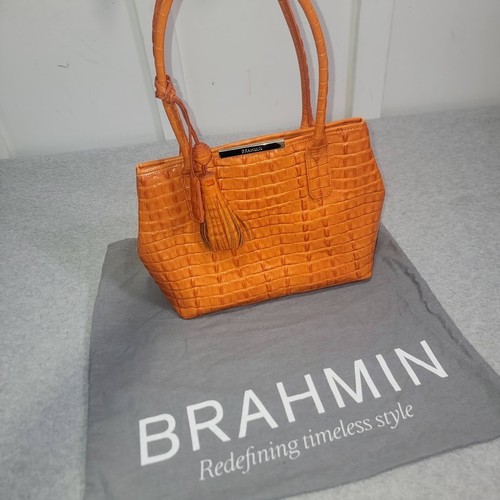 Brahmin Orange Double Handle Genuine Embossed Leather Handbag Purse W Dust Cover - Picture 15 of 17