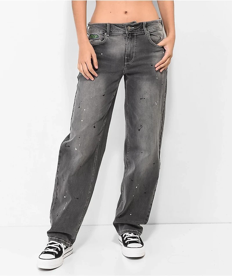 Empyre Relaxed Baggy Gray Paint Splatter Denim Jeans Womens 10 Skater 90s Y2K