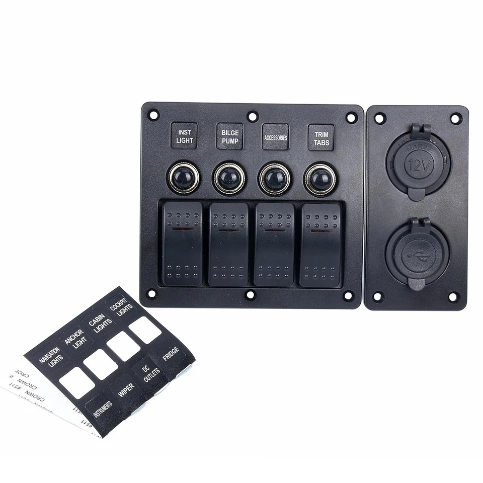 Painel interruptor balancim alternador à prova d'água 12V 4 gangues LED vermelho com USB duplo para barco trailer - Imagem 4 de 4