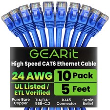 Cat 6 Ethernet Patch Cable 5 ft Blue 10 Pack - Cat6 Patch Cables 5ft Blue/E...