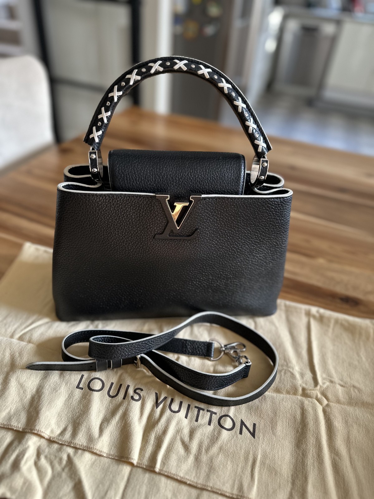 Louis Vuitton Black Taurillion Leather & White Stitch Capucines PM