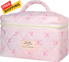 Large Makeup Bag, Cute Cosmetic Bags for Women Girls, Quilted L-Light pink