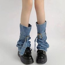 Women Punk Blue Jeans Leg Warmer Buckled Strap Distressed Trim Flared Long Socks