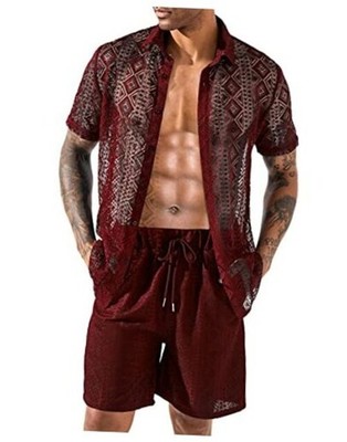 Men Summer Casual Short Sets Lace Short Sleeve Button Down Shirt Large Red