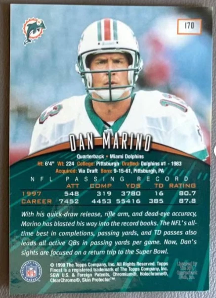 1998 TOPPS FINEST #170 DAN MARINO MIAMI DOLPHINS REFRACTOR W/ PROTECTIVE COATING - Image 2 of 2