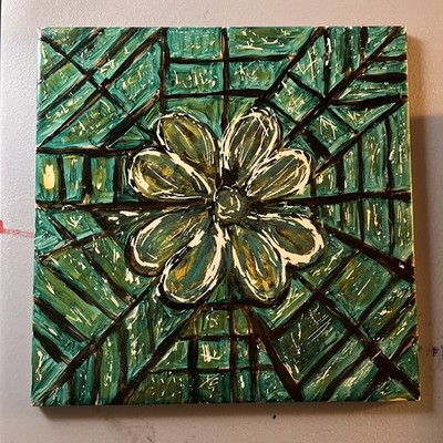 Hand Painted OOAK Ceramic Tile 8x8 Inches, Green,yellow, Signed By Artist