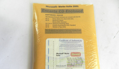 NOS Software MICROSOFT WORKS SUITE 2001 encarta WORD 6 CD set COA & Product Key