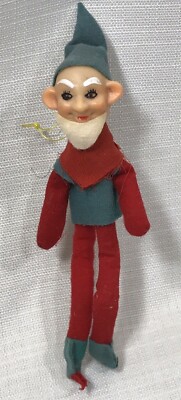 Christmas Ornament KNEE POSABLE ELF Japan WHITE Beard Round Ears  RED Vintage 