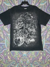 VTG Tribal T Shirt Large Native American All Over Print Wolf Wolves 90s Tee AOP 