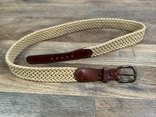 Brass Plated Rope Belt Size  40   Tan Brown Woven Braided Leather Trim Vtg