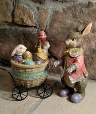 NWT RAZ Mama Rabbit & Baby Bunny Egg Cart Happy Easter Spring Figurine Decor