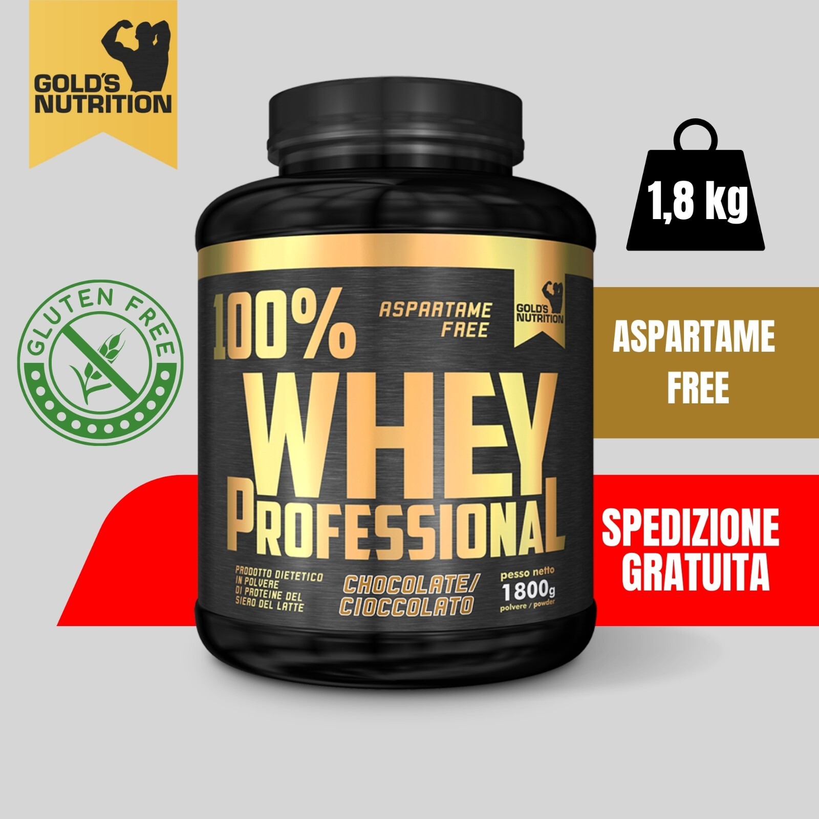 Gold's Nutrition 100% WHEY Proteine siero latte 1,8 Kg per sviluppo muscolare