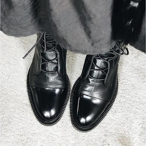 Stivali donna pelle verniciata stringati a punta scarpe basse casual calzature - Foto 8 di 14