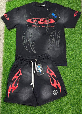 Hellstar Men's Black Red Graphic Cotton T-Shirt & Shorts Set M Athleisure