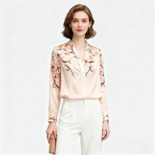 Womens 100 Mulberry Silk Long Sleeve Button Up Shirt Floral Print Top Spring SM