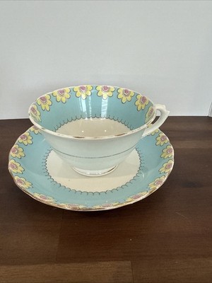 VTG Plant Tuscan China White & Aqua W/Yellow & Pink Flowers Tea Cup and Saucer