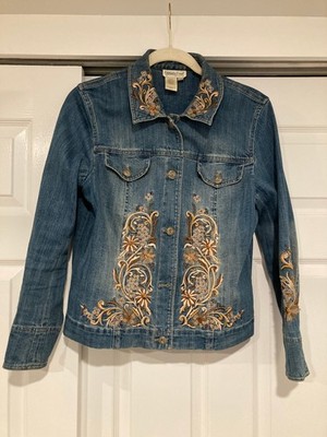 Coldwater Creek Ladies embellished denim Trucker jacket size Petite M well Loved