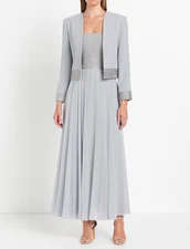 DAYMOR COUTURE 2pc Silver Blue Beaded Embroidered Maxi Dress Gown + Jacket 14 US