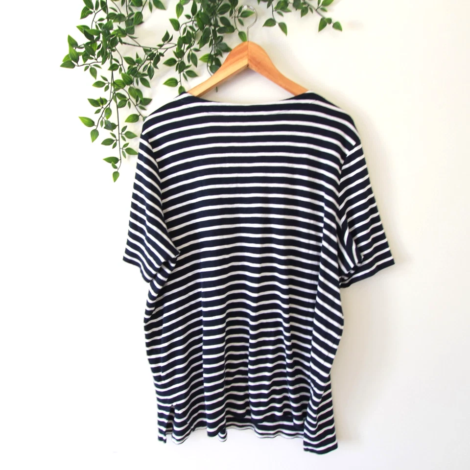 Camiseta J.Jill Pima Slub Manga Codo Azul y Blanco Rayas Cuello en V Top Talla XL Foto 3 de 4