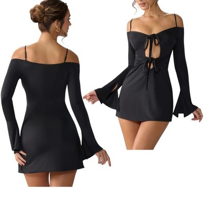 Oh Polly Minikleid Schwarz Sidney Slinky Jersey Cut Out Schulterfrei Gothic 12
