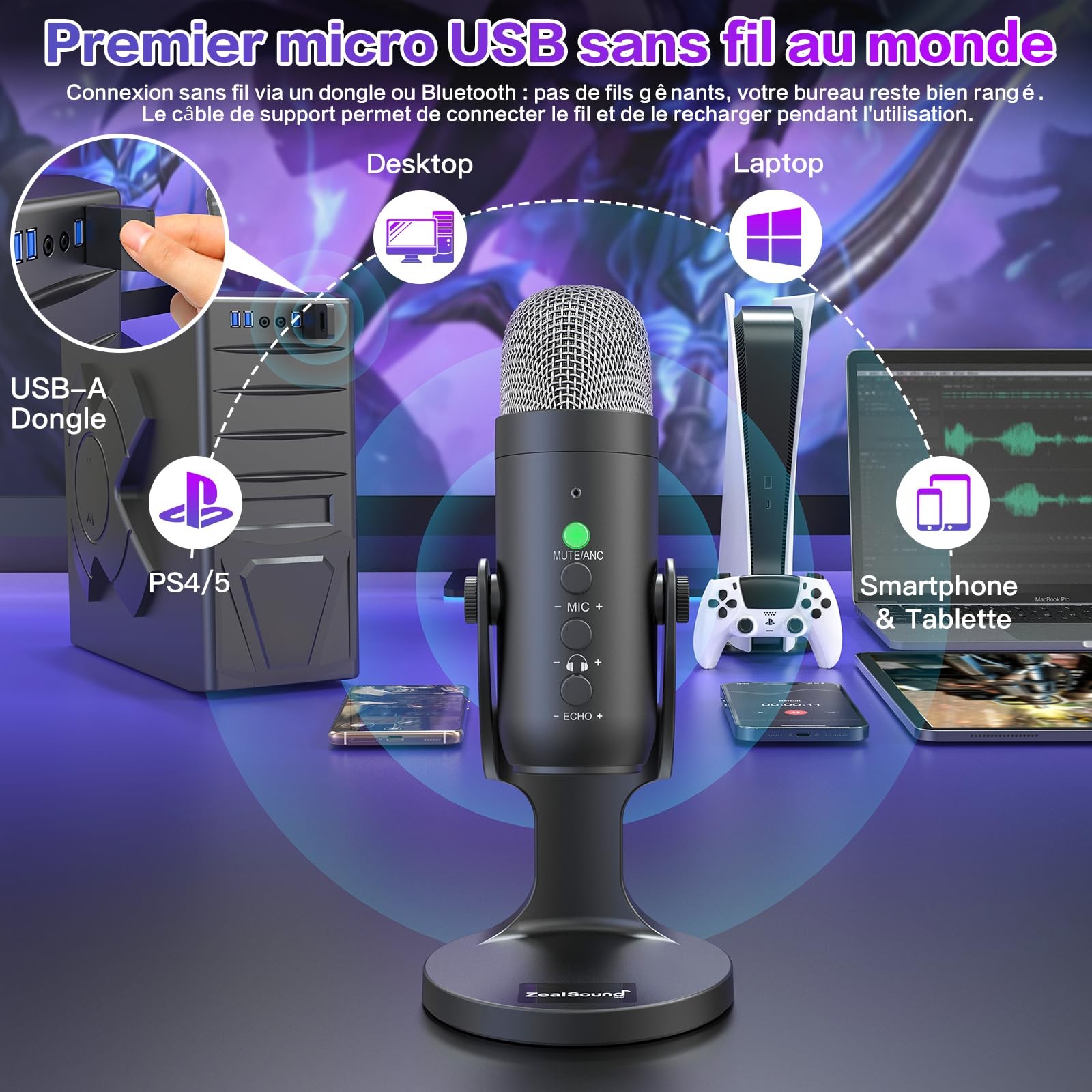 Micro gaming sans fil PC élimine bruit pour communication fluide