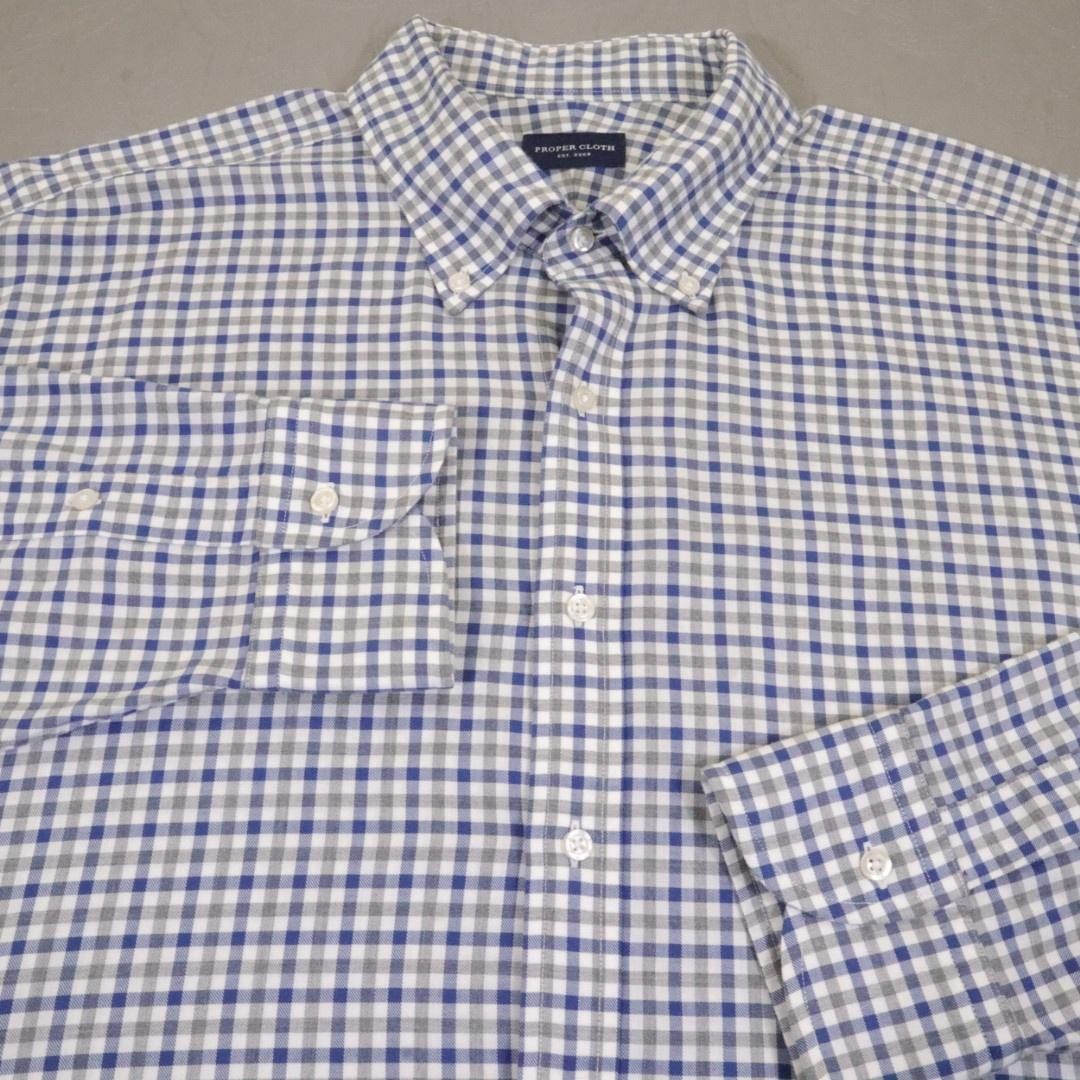Proper Cloth Shirt Mens 2XL Blue Check Button Down Long Sleeve Cotton Custom