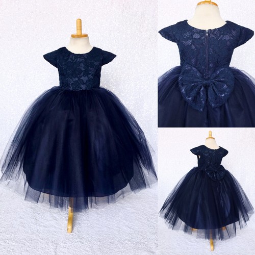 Navy Blue Cap Sleeve French Lace 3 Layer Tulle Dress Wedding Birthday Graduation - Picture 1 of 10