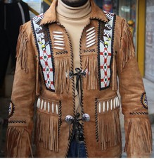 Men Native American Western Cowboy Leather Jacket Suede Coat Fringe Eagle Beads