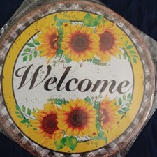 8" Round Metal Sign Rustic Indoor Outdoor Flowers Love Happy Wall Art Welcome 2