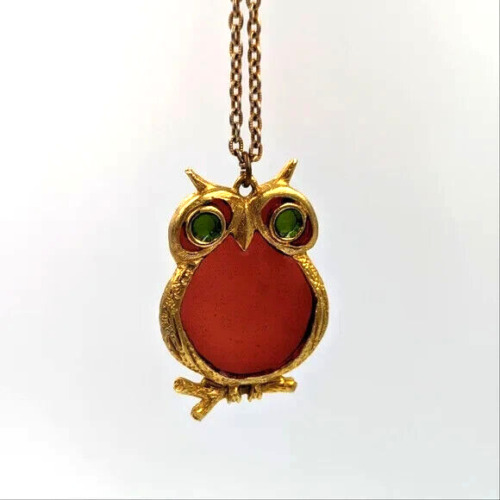 Cute Vintage Retro Owl Necklace, Red Green Enamel,