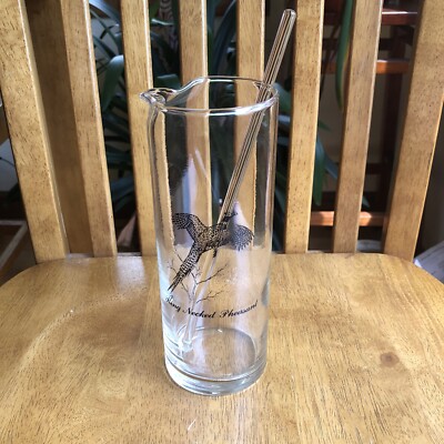 Vintage Ring Necked Pheasant Martini Pitcher Federal Glass Glass Stir Stick MCM