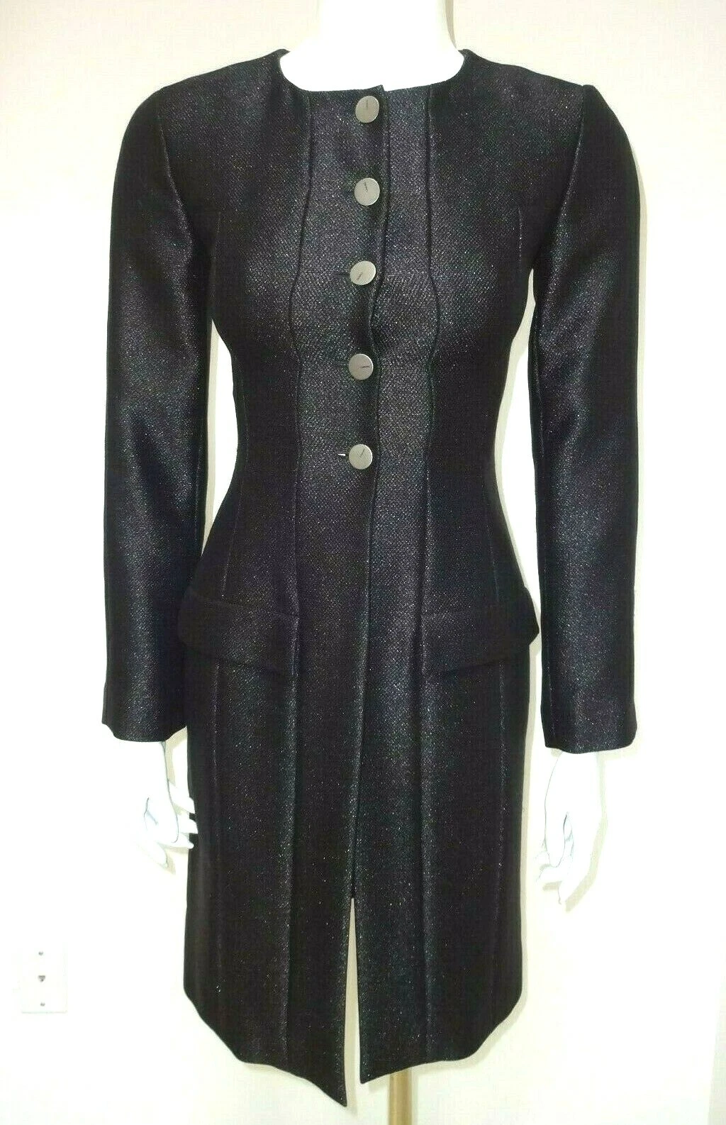 Giacca blazer lunga aderente CHANEL originale nero scintillante bottoni davanti 34
