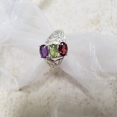Multi natürlicher Edelstein Sterlingsilber Trilogie Ring, Größe J/K, 5