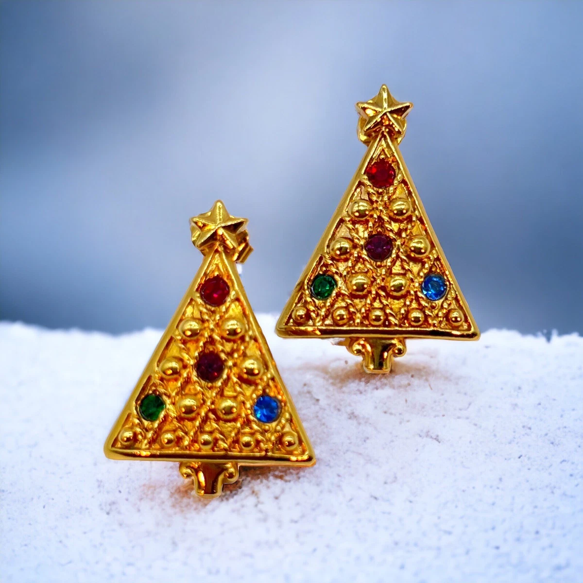 Vintage Avon 1992 Rhinestone Christmas Tree Earrings Modernist