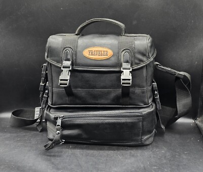 Two Piece Black Leather Material Traveler Camera Etc. Bag.