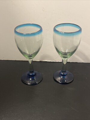 Mixed Hand Blown Goblets Water Wine Glass Aqua Turquoise Blue Green 8 