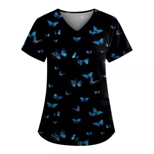Women Printed Scrub Working Uniform V-Neck Short Sleeve Workwear Tee With Pocket - Picture 14 of 39