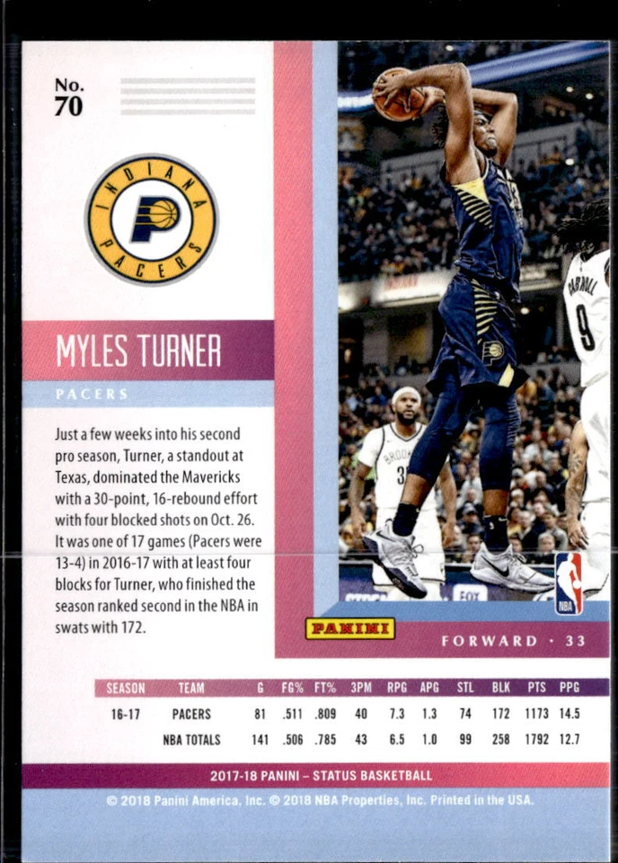 2017-18 Panini Status #70 Myles Turner Indiana Pacers - Image 2 of 2