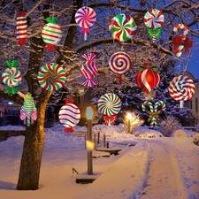 16 Pcs Christmas Candy Reflective Hanging Ornaments Outdoor Double Sided Lawn...