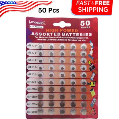 High Power Super Alkaline Button Cell Batteries   50 Count Assorted Pack (1.5V)