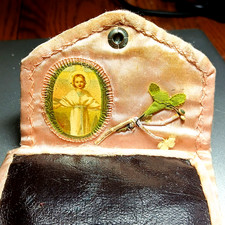 Antique Victorian Travel Sewing Kit with Religious Relic Leather and Satin